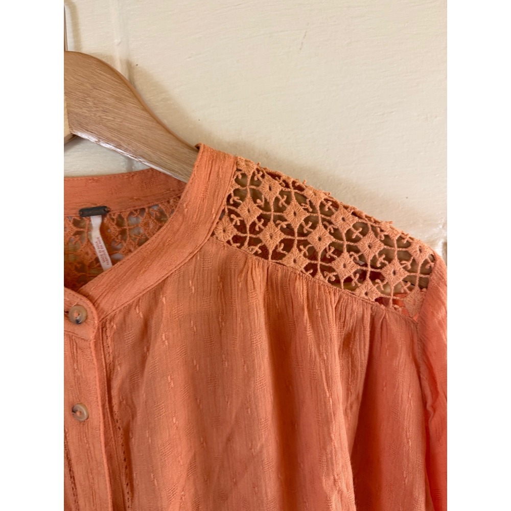 Free People Lace Inset Blouse Women Large Orange Long Sleeve Button Down Boho - Picture 7 of 12